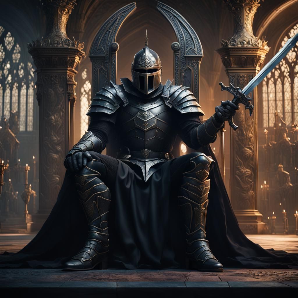 Man in Black Knight Armor on Throne