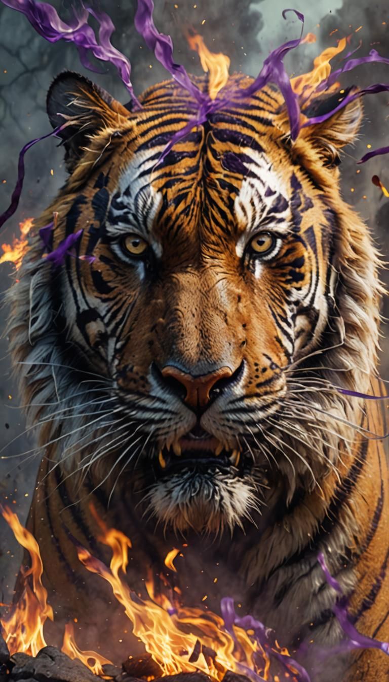 big and furious tiger with smoke and flames out side him. hi...