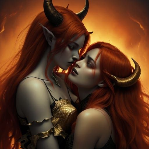 Sensual Demon Girls Kiss in Dark Fantasy Style