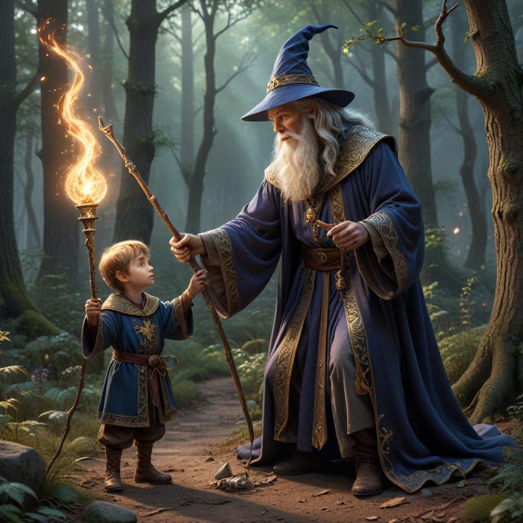 Young Prince Arthur Learns Magical Staff Techniques from Wiz...