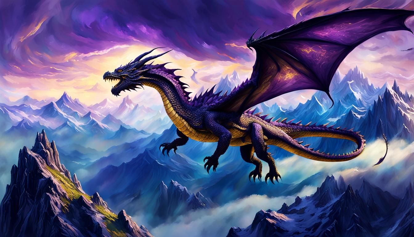 Dragon Soaring Over Misty Mountains: Dark Fantasy Art