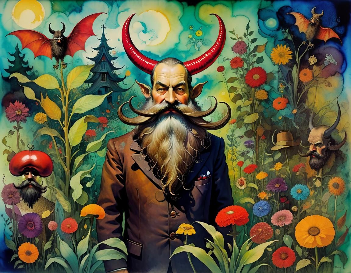 Lucifer, the Enigmatic Gardener in Eclectic Surrealist Style