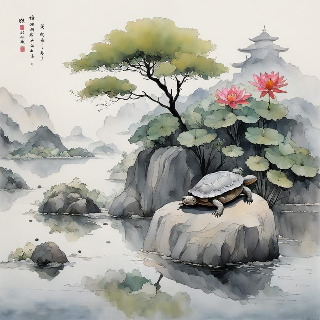 Majestic Black Softshell Turtle in Chinese Watercolor Style