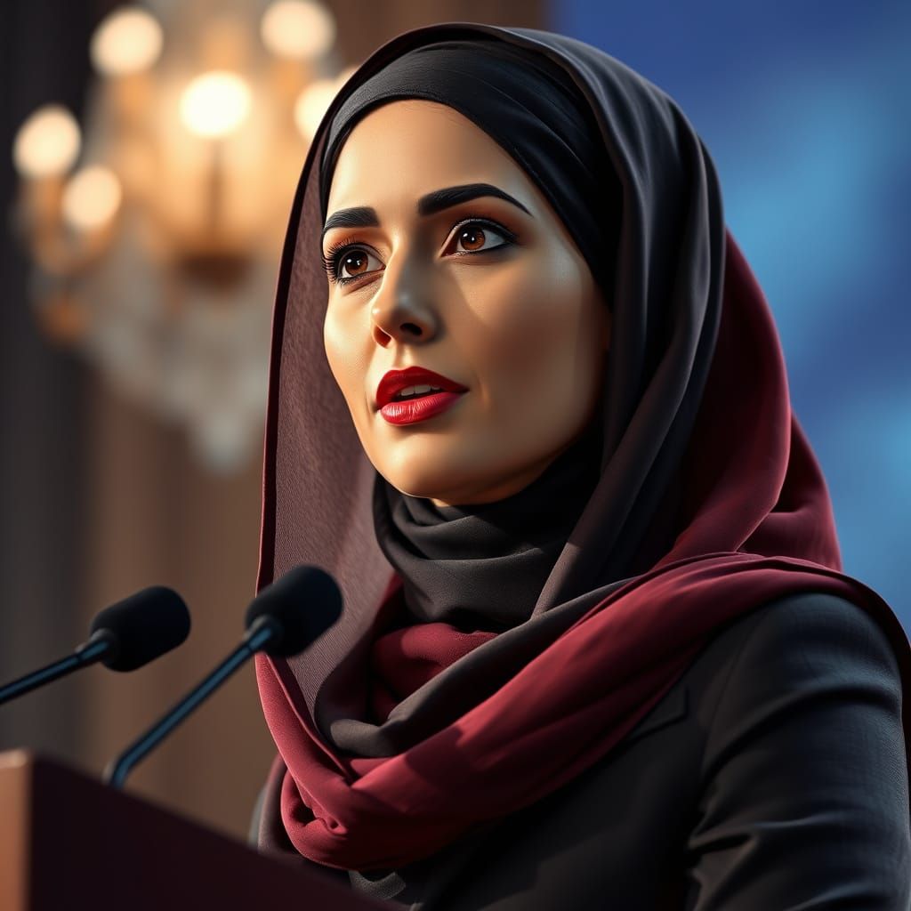 A serene beautiful hijabi Russian woman is a speaker.
