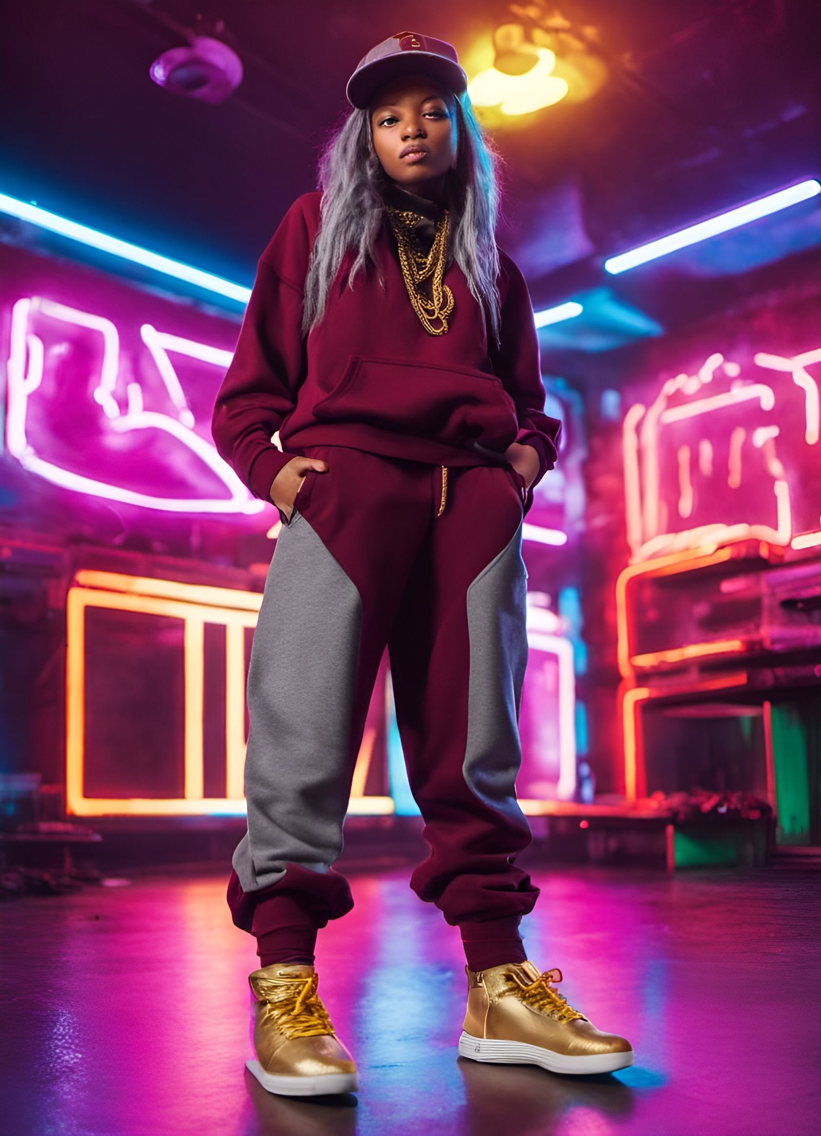 Girl in Hip-Hop Fashion with Neon Glow