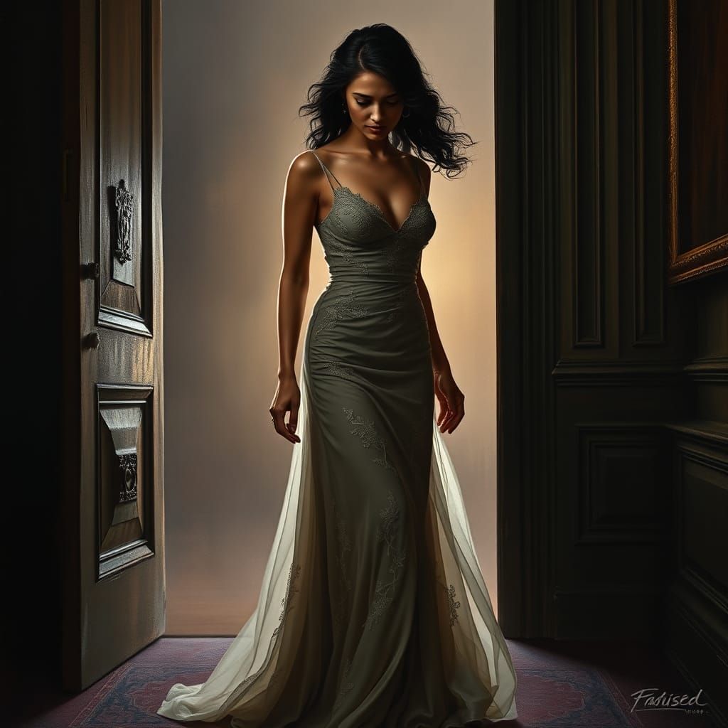 Woman in Gown Exiting Room, Dramatic Painting