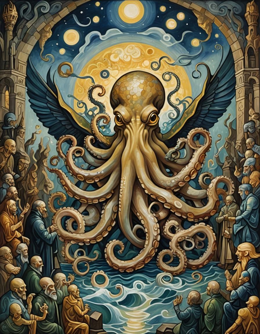 Octopus God in Celtic Temple Worship Scene