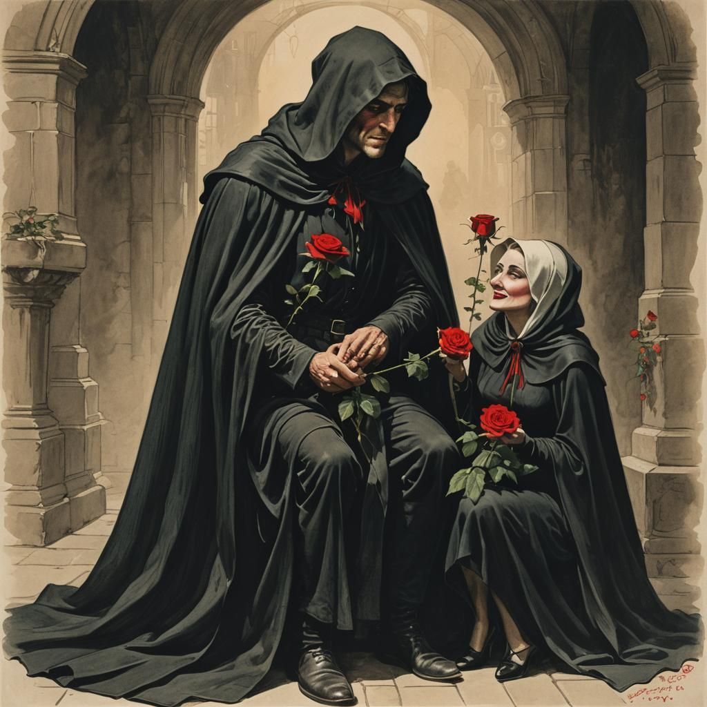 Young Man Offers Rose to Hag with Glowing Eyes