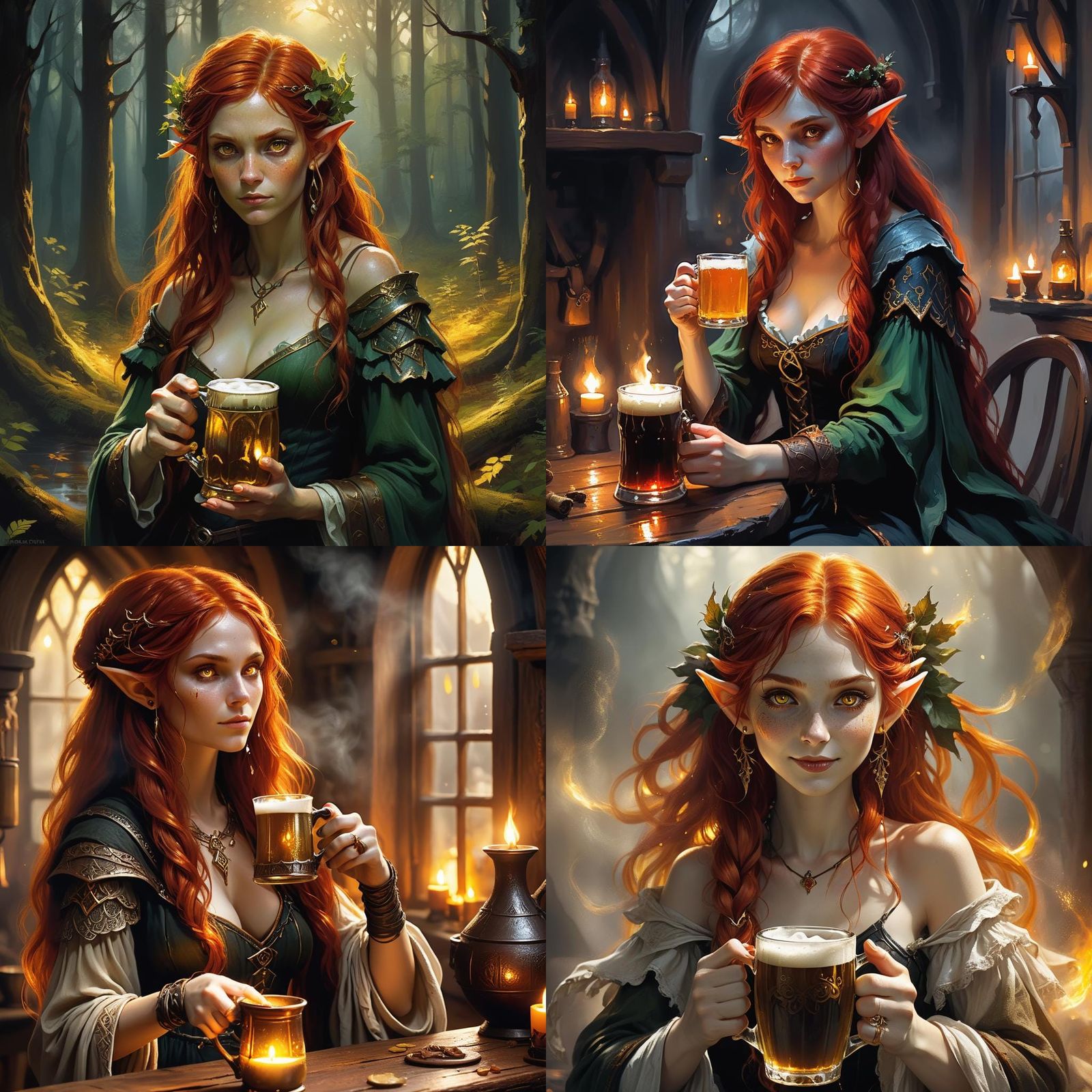 Melancholy Red-Haired Elf Sorceress Drinking Beer