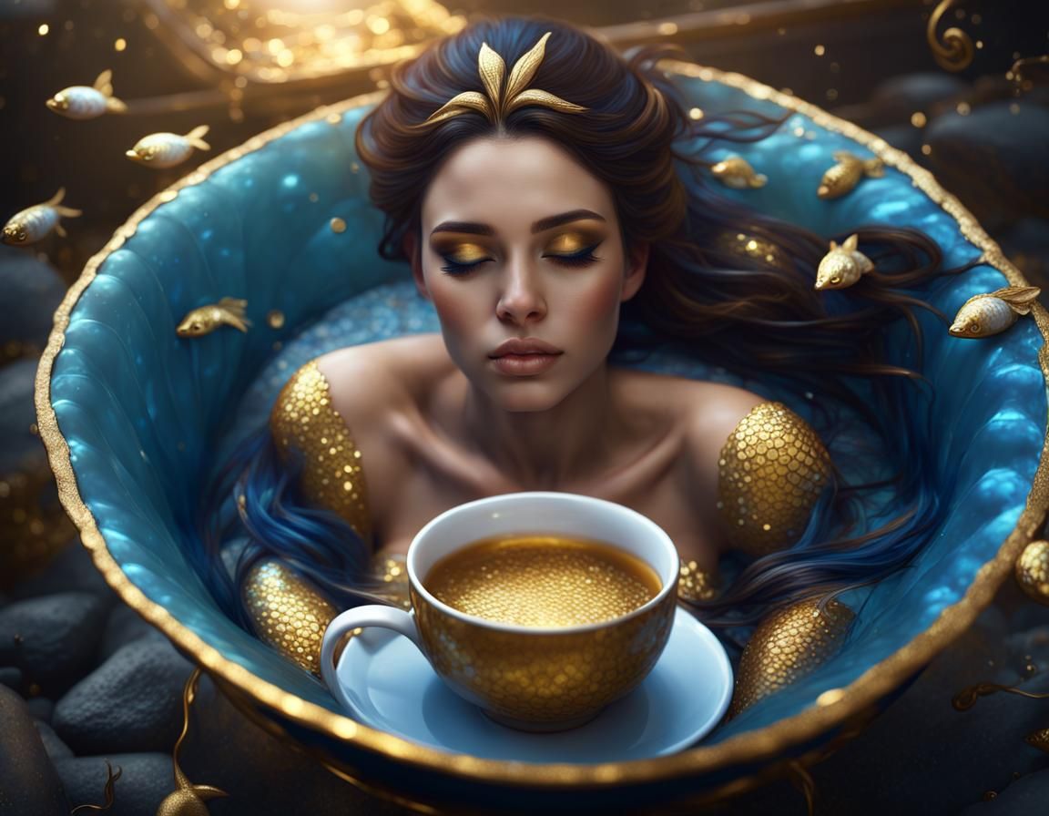 Mermaid Lounging in Teacup: Detailed Matte Painting