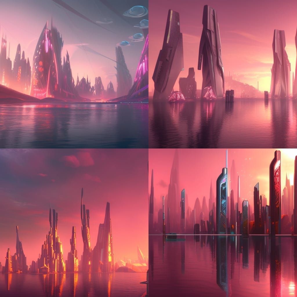 Futuristic Cityscape with Pink and Orange Sky