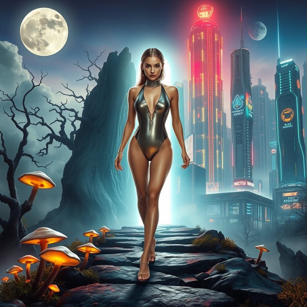 Determined Woman Enters Vibrant, Cyberpunk Metropolis