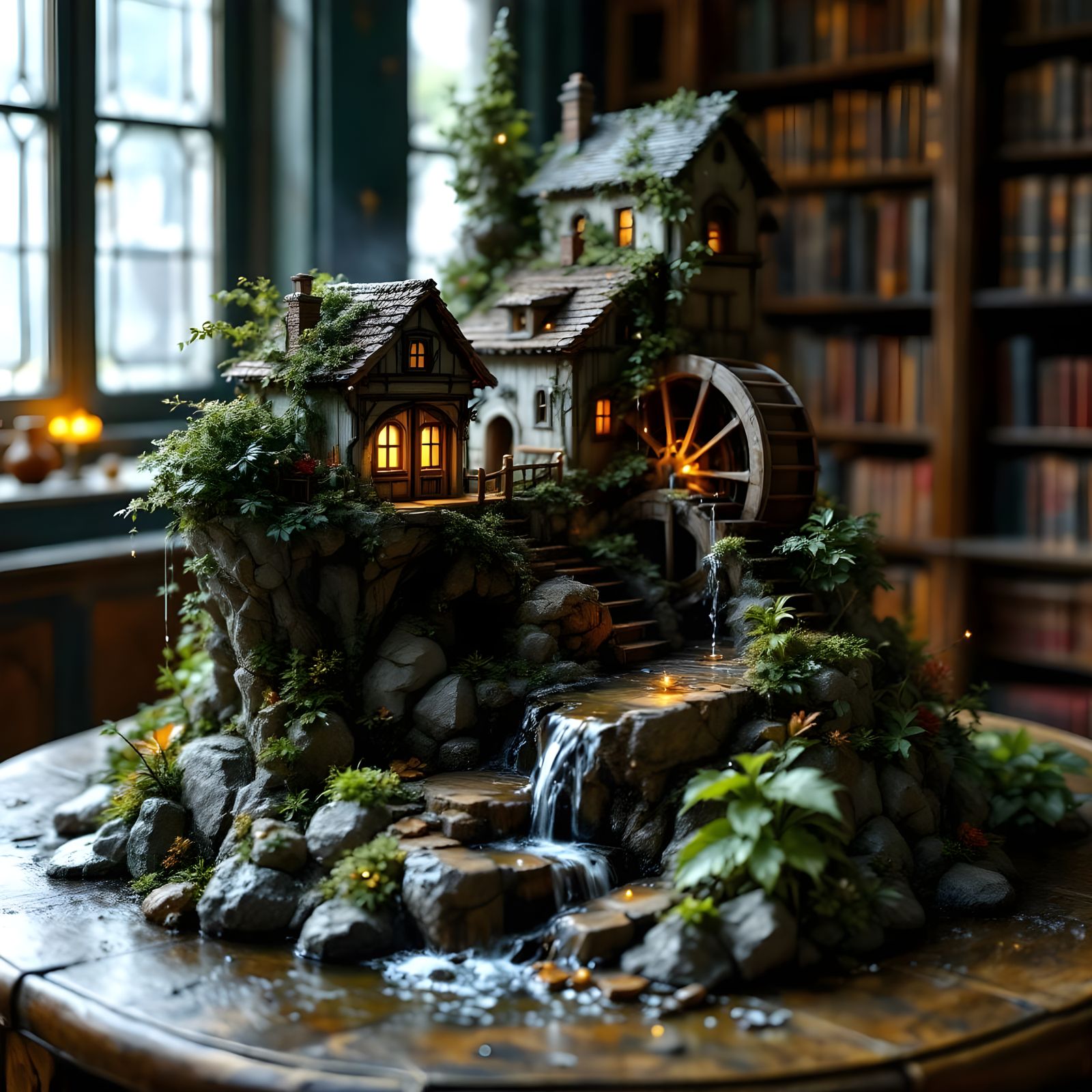 Intricate Fountain Diorama in Rustic Library Setting