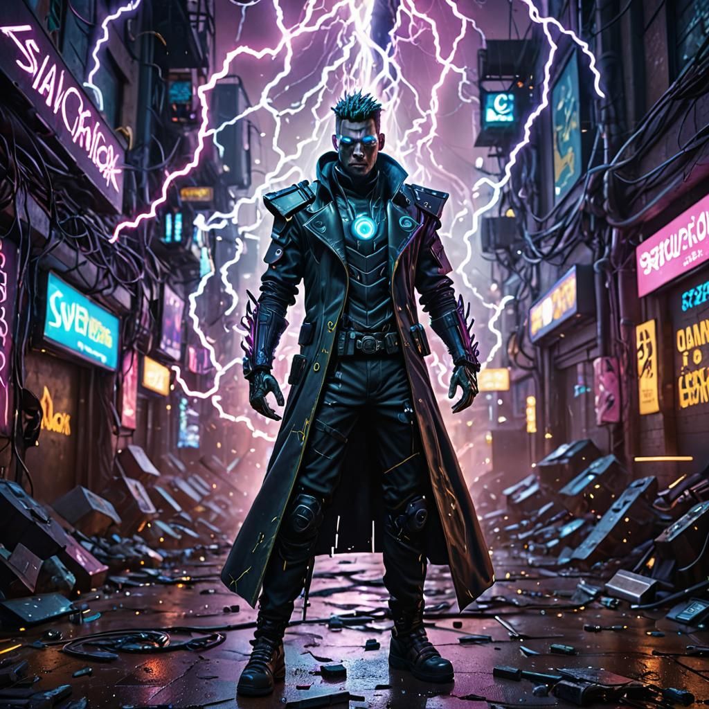 Cyberpunk Warlock Summons Lightning Storm in Neon City