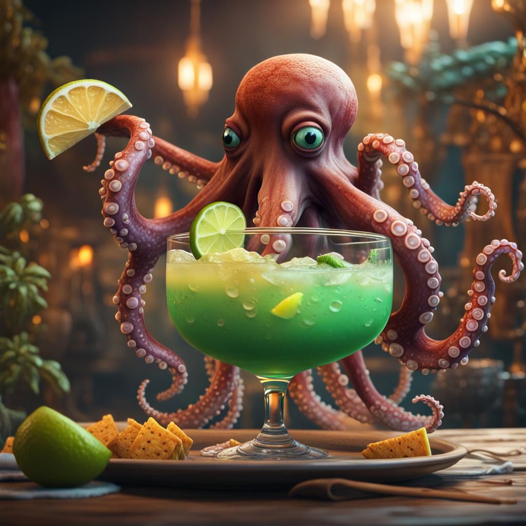 Octopus Enjoying a Taco and Margarita: Fantasy Art