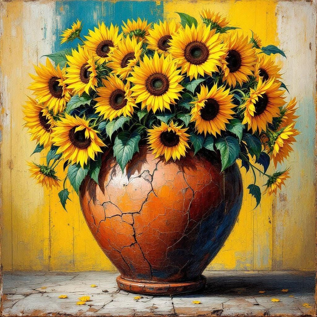 Sunflowers Bursting from Terracotta Pot, Abstract Impression...