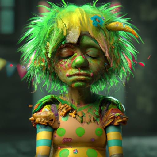 Sad Clown with Green Hair, Detailed Digital Art