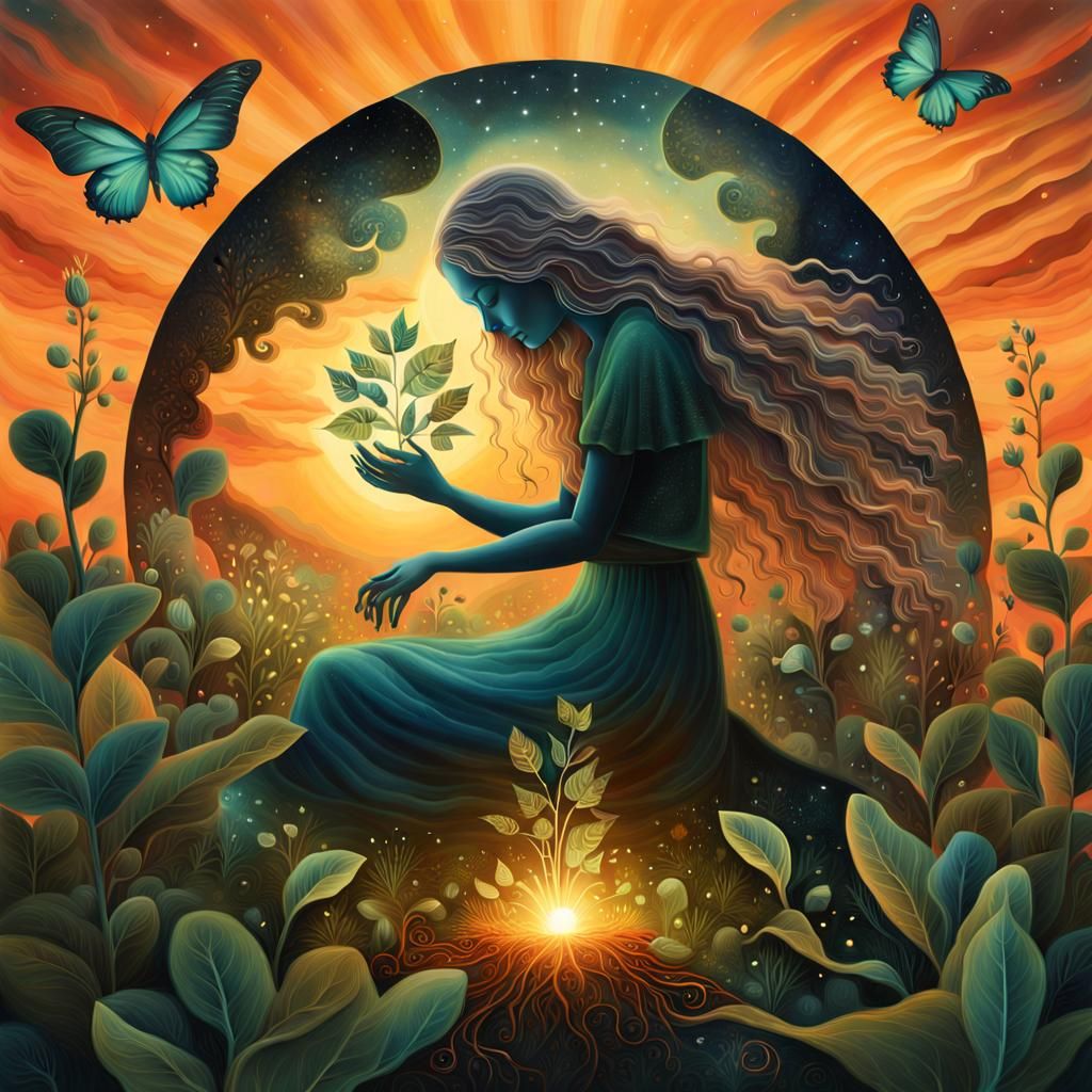 Bio Art Collage: Woman's Resilience at Sunset