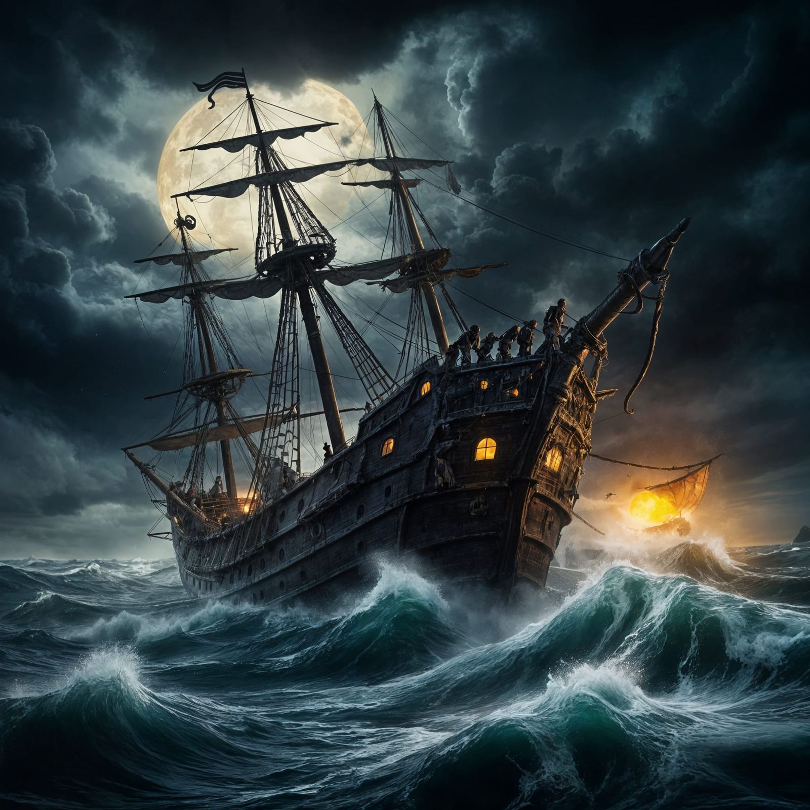 Pirate Ship Battling a Colossal Kraken in a Dark and Stormy ...