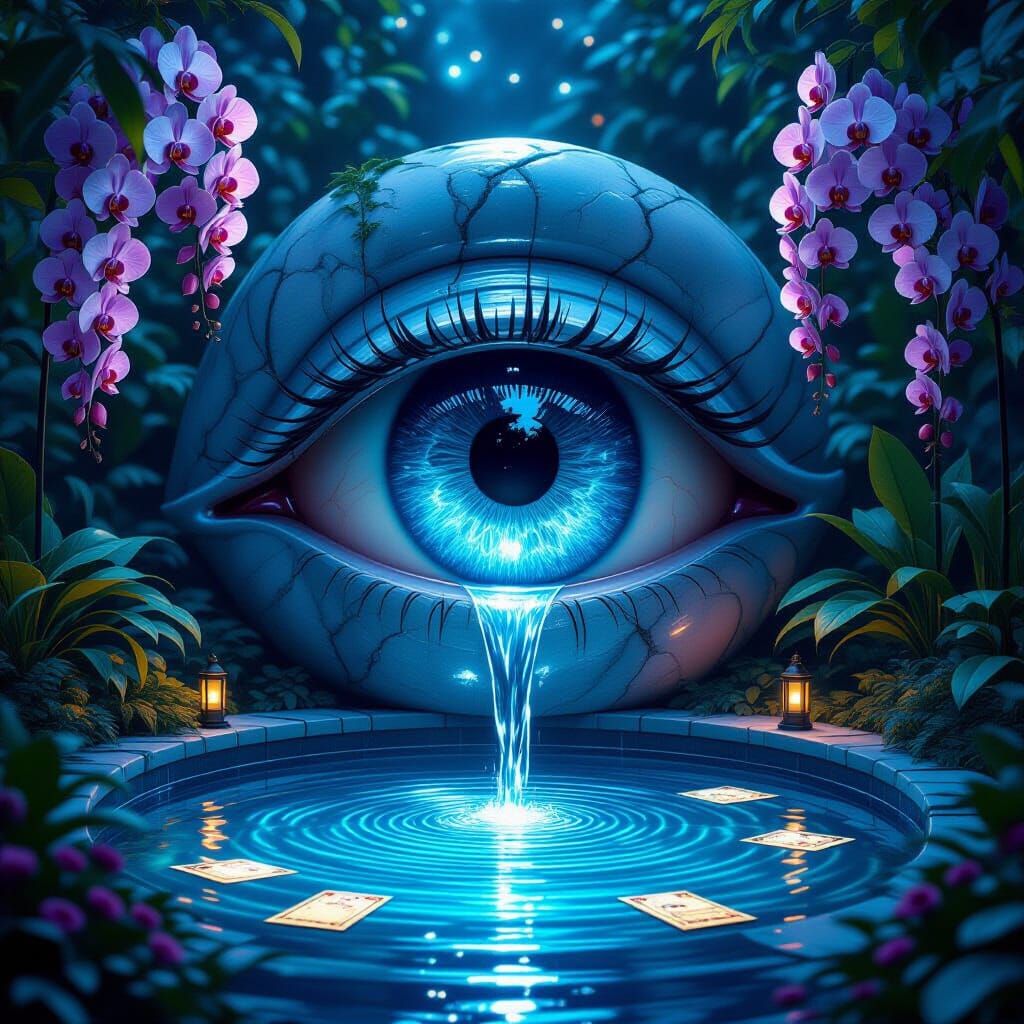 Mystical Eye Fountain in Twilight Garden, Dreamlike