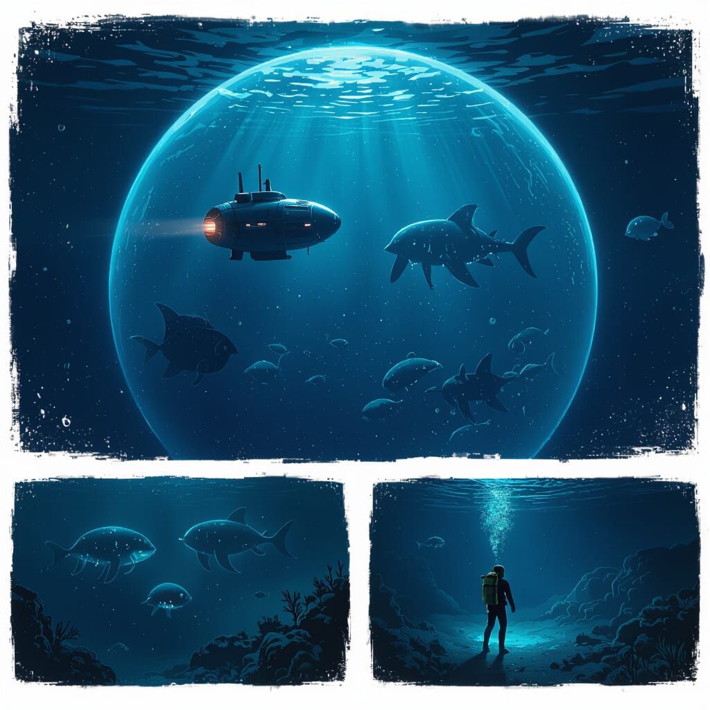 Mysterious Deep Sea Dive in Dark Blue Tones