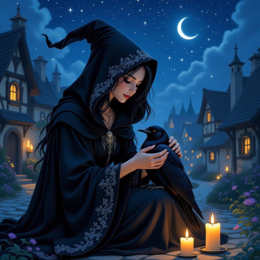 Witch Cradling Crow in Medieval Village