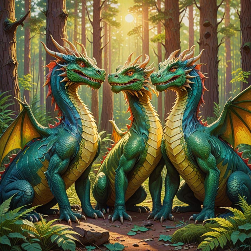 Three Dragons in Forest, Fauvist Oil Painting