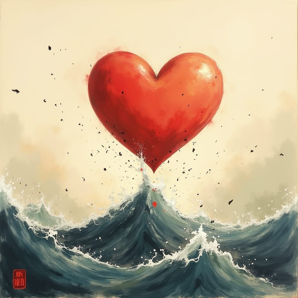 Abstract Heart Floating on Stormy Sea, Ink Wash