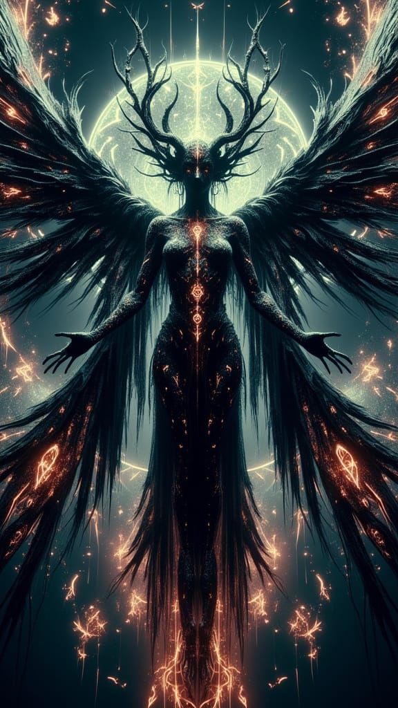 Dark Goddess Emerges Above Collapsing Planet