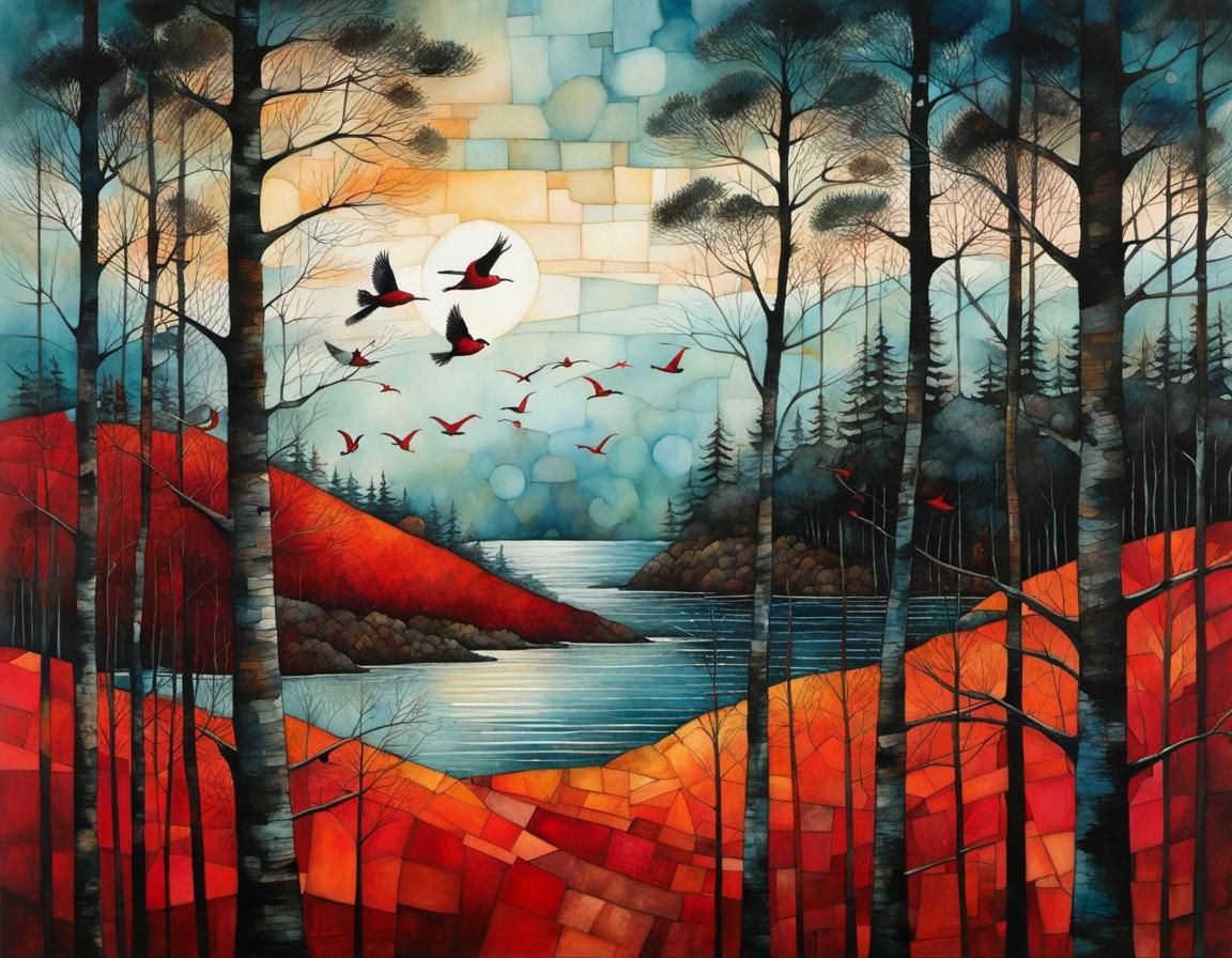 Whimsical Sunset Birds: An Intricate Alcohol Ink Illustratio...