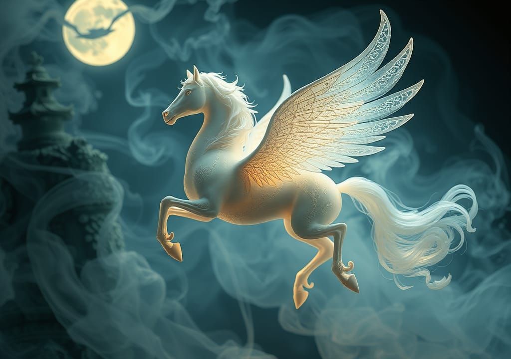 Ethereal Pegasus in Iridescent Smoke, Art Nouveau Style