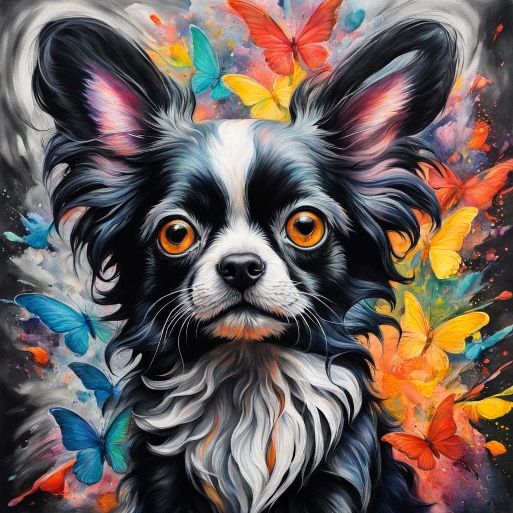 Colorful Papillon Dog in Gouache Style Charcoal Drawing