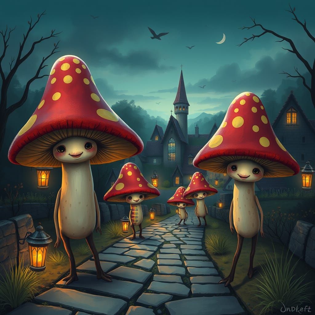 Whimsical Mushroom People Walking Home at Dusk