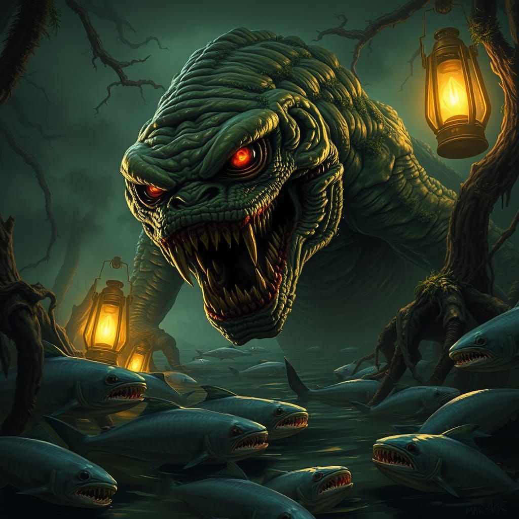 Moss-Covered Swamp Creature Emerge from Polluted Bayou