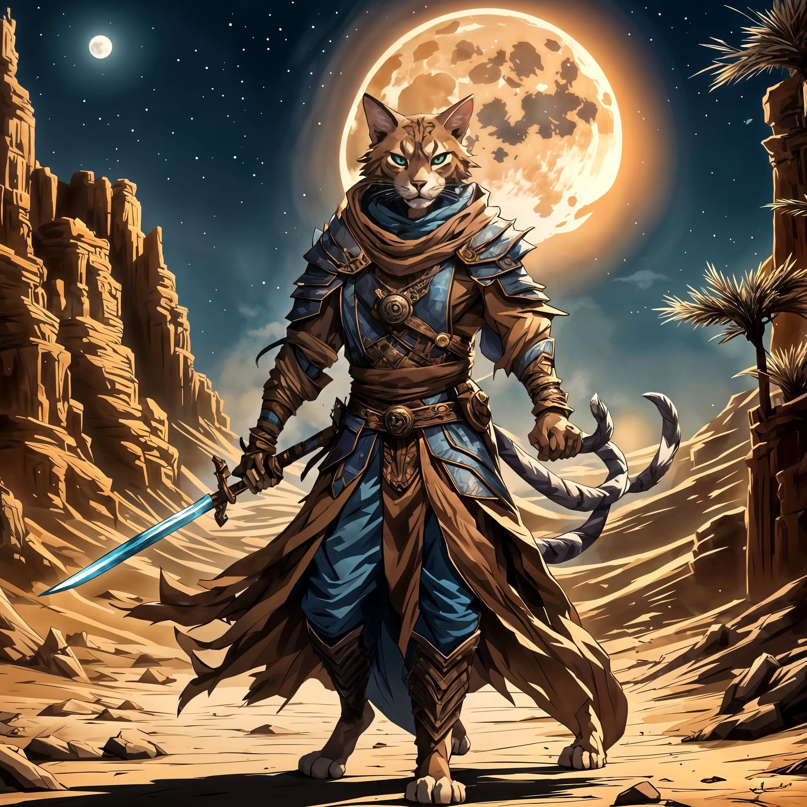 Epic Anime Warrior Under Desert Moonlight