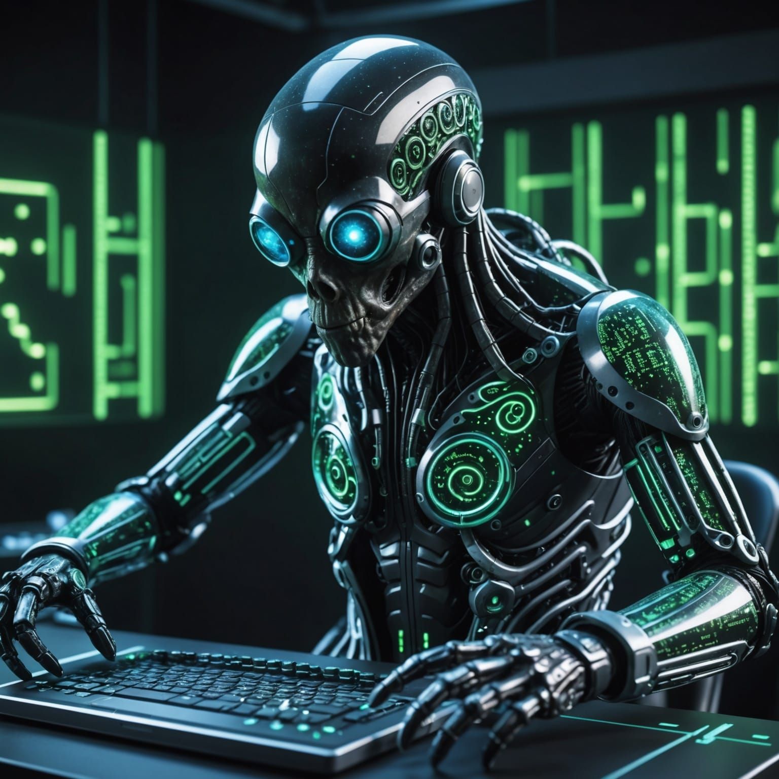 Translucent Hacker Android Octopus in Matrix Hologram