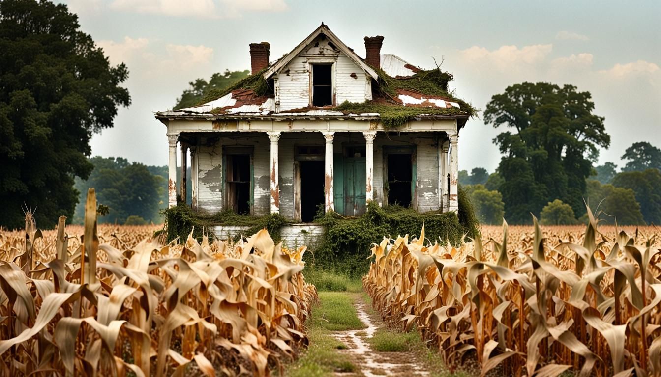 Hauntingly Beautiful House in Cornfield Under Stormy Sky