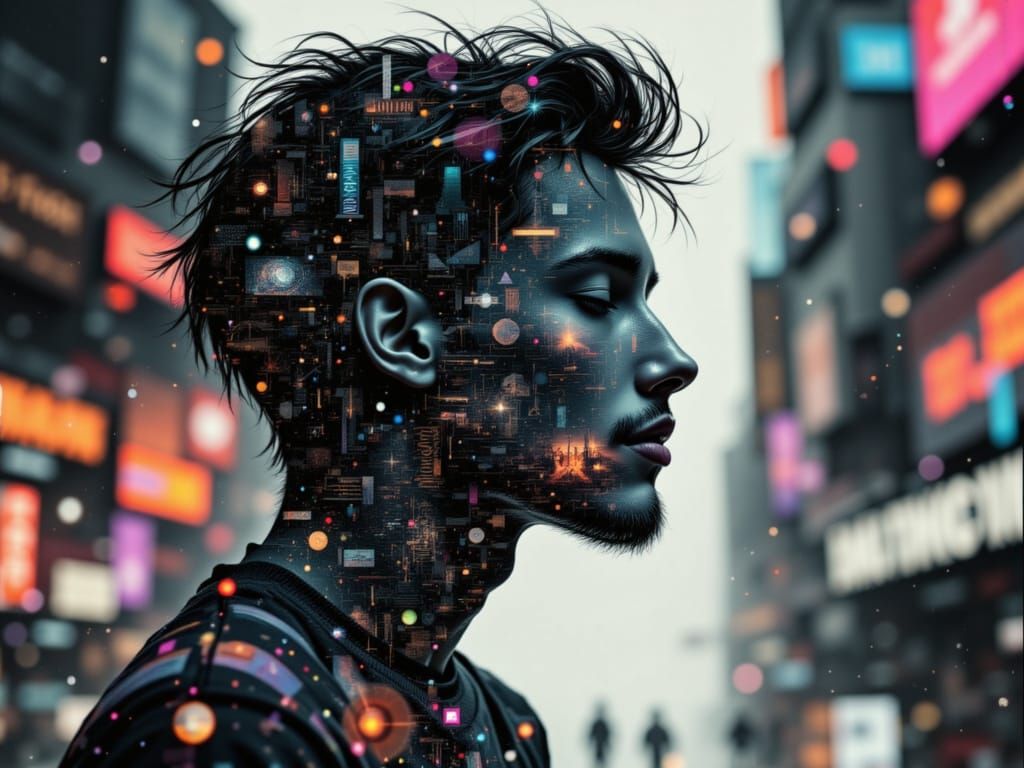 Surreal Double Exposure of a Pensive Man in Cool Tones