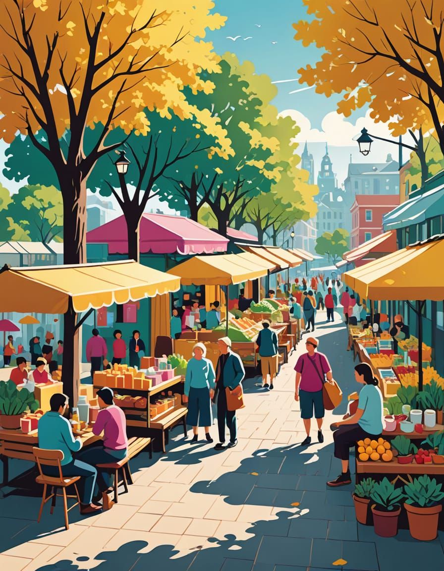 Vibrant Vector Art of a Bustling Street Market