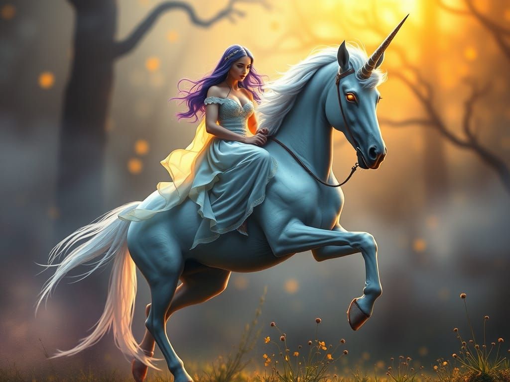 Violet-Haired Woman Rides Unicorn in Dark Fantasy Style