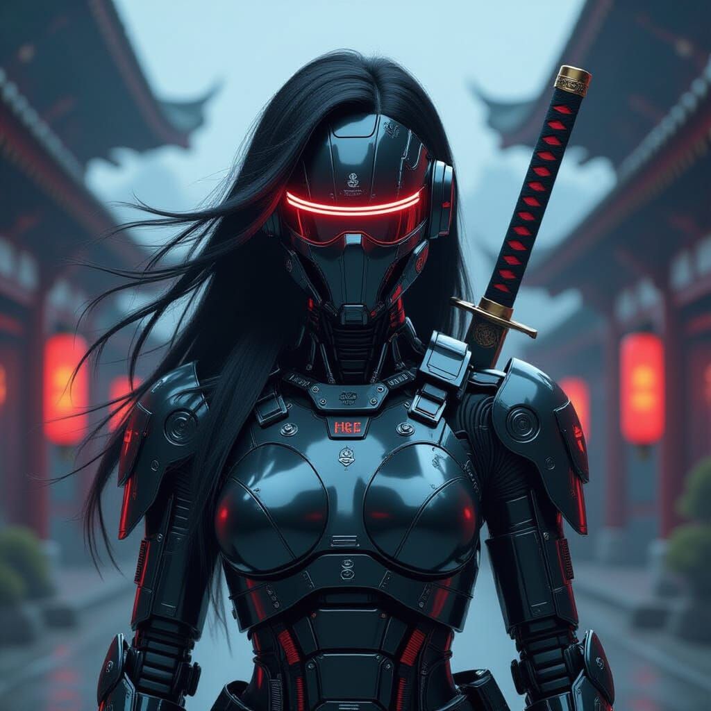 Cyberpunk Robot Samurai with Mirrored Face Shield