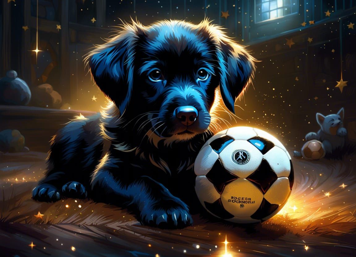 Puppy Soccer Star Portrait with Magic Sparks