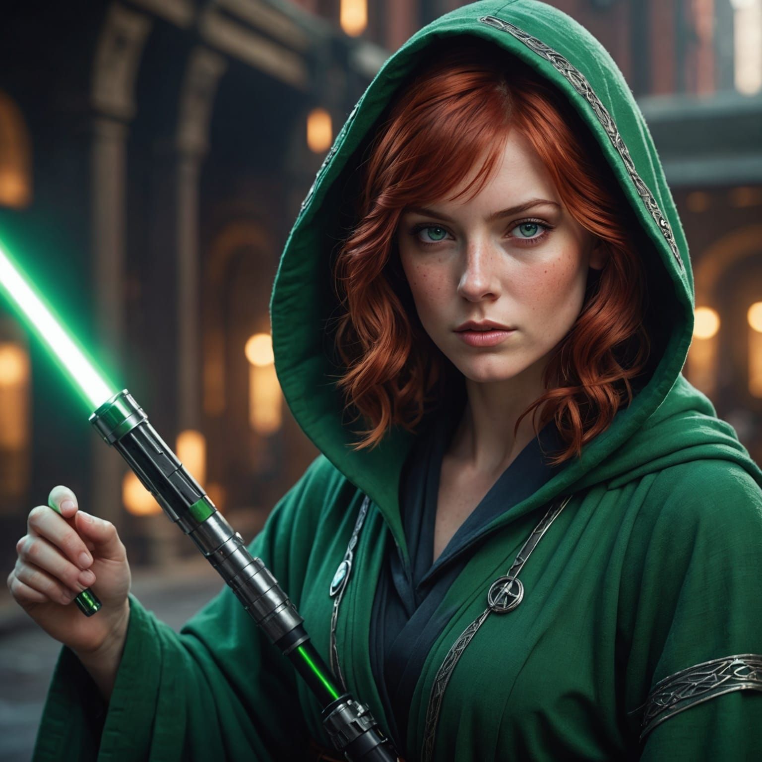 Blindfolded Woman Practices with Lightsaber