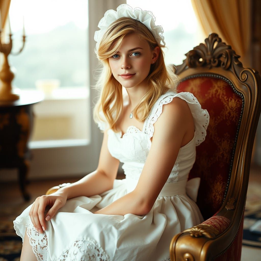 Ethereal Young Man in French Maid Gown, Captivating with Del...