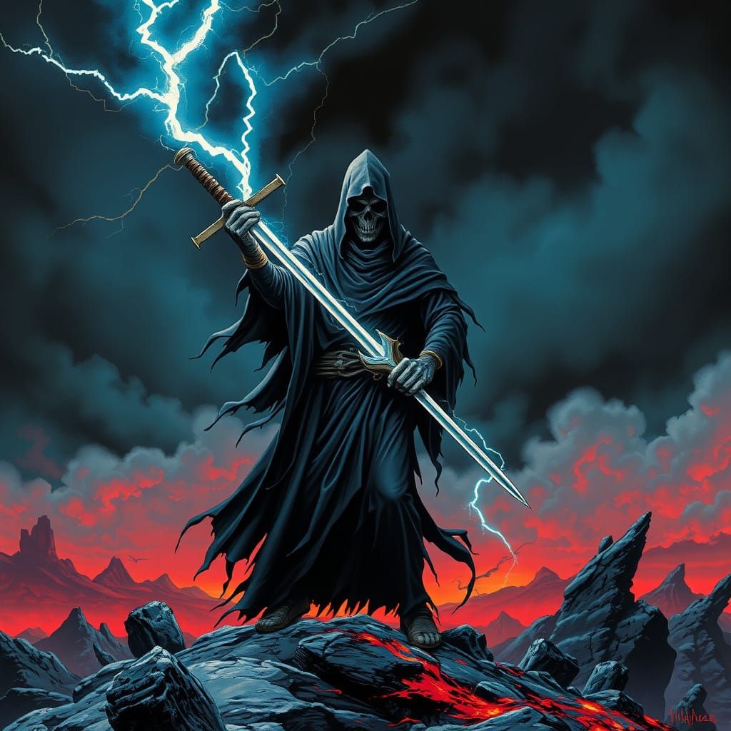 Grim Reaper with Lightning Sword, Fantasy Art
