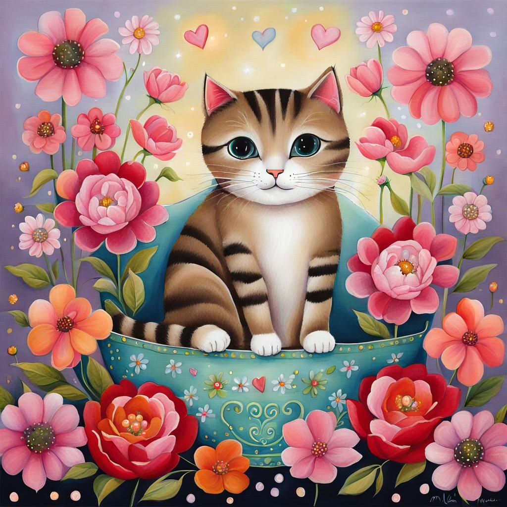 Cute Cat with Flowers and Heart Lights