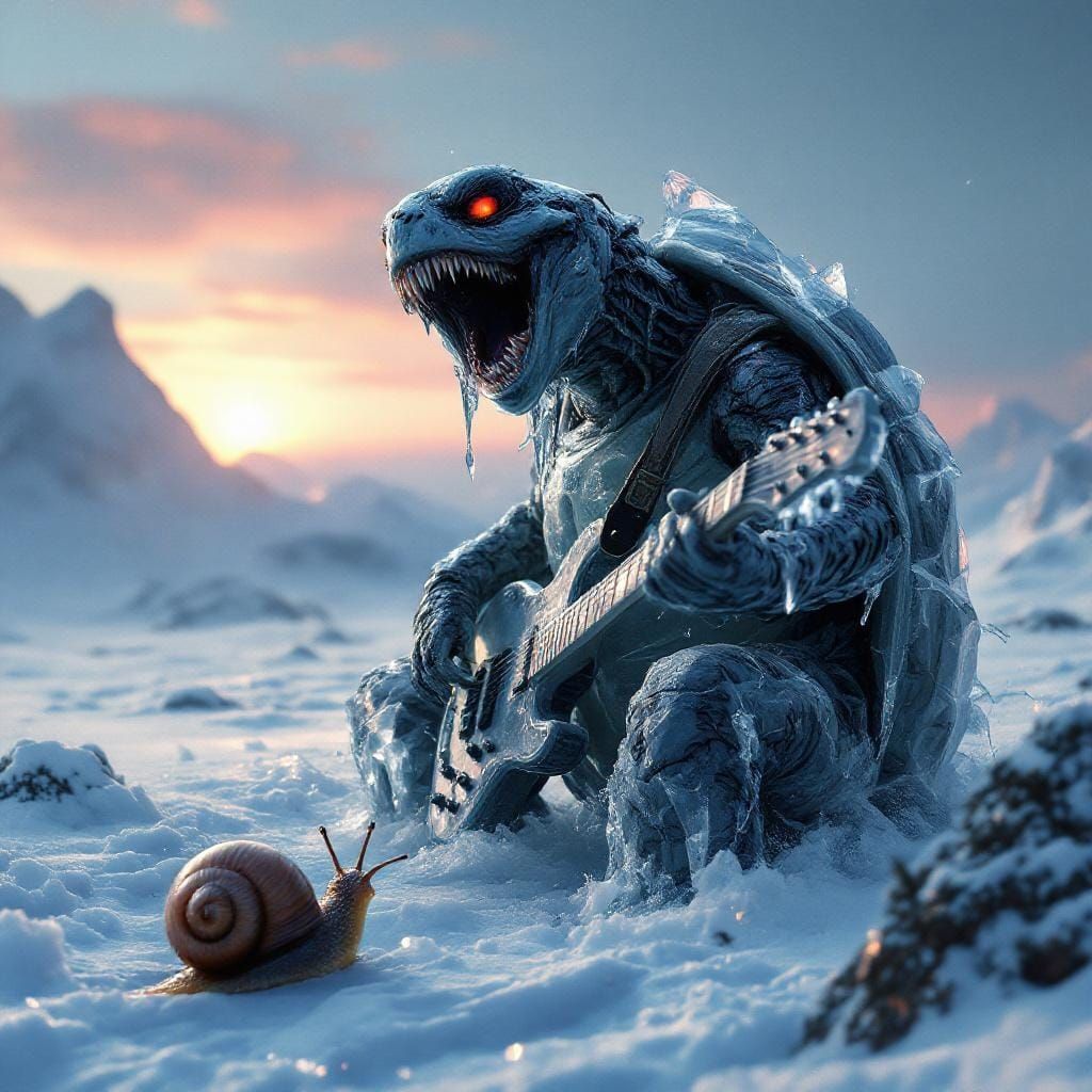 Singing Death Metal Turtle in Winter Landscape
