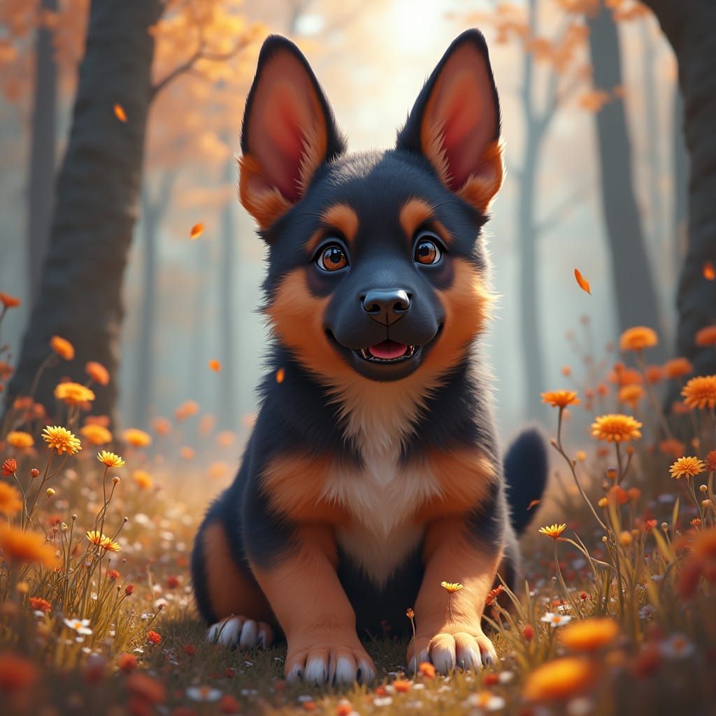 German Shepherd Pup in Detailed Matte Painting Style