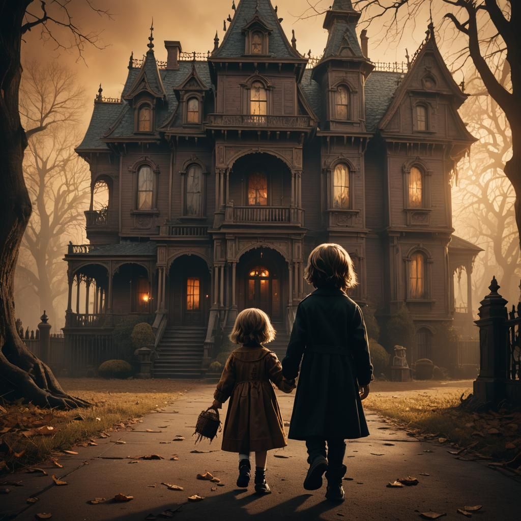 Child and Haunted Mansion in Dark Fantasy Style