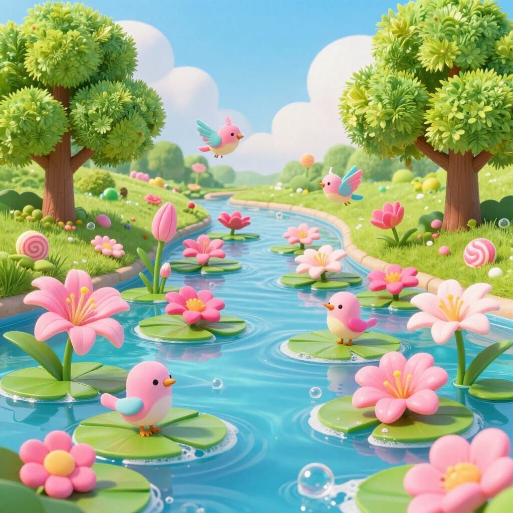 Vibrant Candy Lily Pads Bloom in Blue Stream